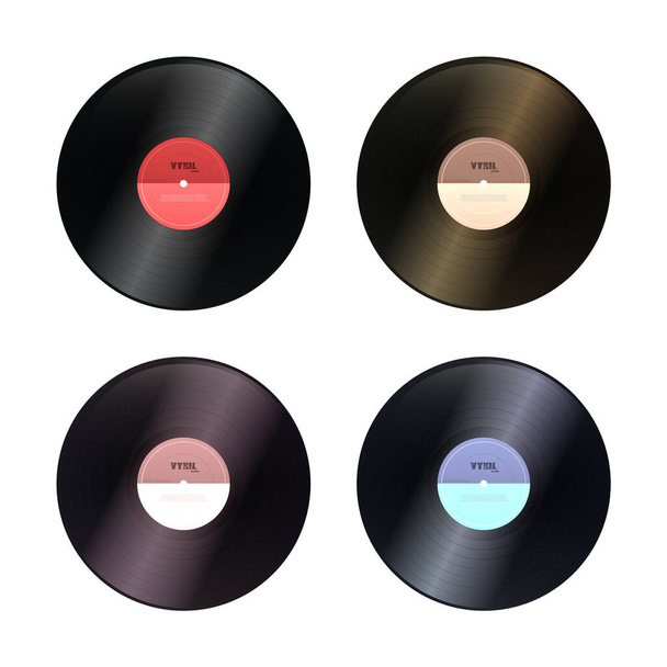 Gramophone vinyle LP disques avec étiquettes. Disque d'album musical noir longue durée technologie ancienne, design rétro réaliste, illustration vectorielle isolée sur fond blanc eps10 - Vecteur, image