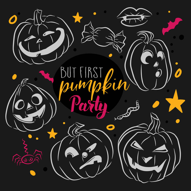 But the first pumpkin party, a set with funny pumpkins with different faces, decoration, doodle style drawing on a dark background - Vector, Image