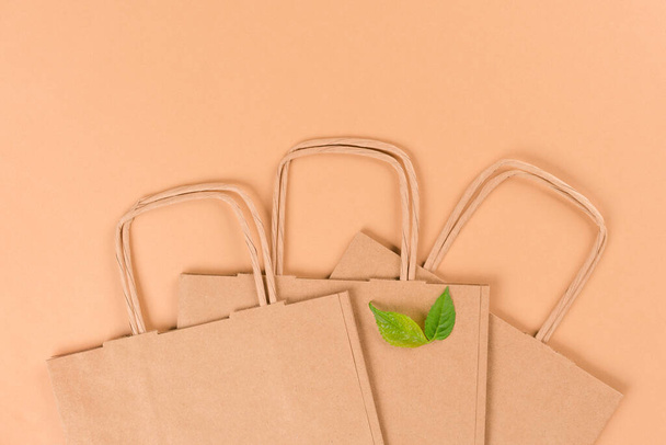 Paper shopping bags over light brown background with copy space. Green leaves as a symbol of sustainable packaging. Street food take away paper bag. Flat lay style - Photo, Image