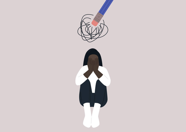 A young upset female African character hugging their knees, a pencil eraser erasing a scribble hovering above them, the process of recovering after a great loss - Vector, afbeelding