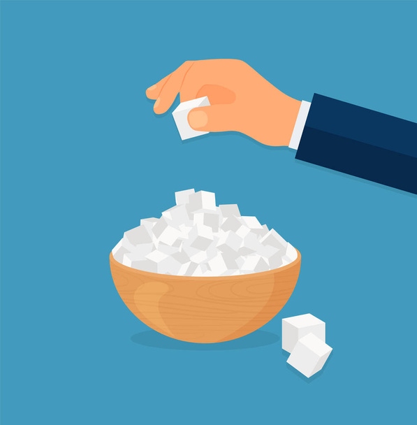 Refined sugar in a bowl. Hand takes cube of sugar. Baking and cooking ingredient. Vector food in a trendy flat design isolated on blue background. - Vector, Image