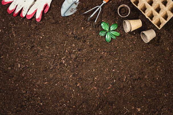 Gardening tools on fertile soil texture background seen from above, top view. Gardening or planting concept. Working in the spring garden. Flat lay mockup with border composition - Fotoğraf, Görsel