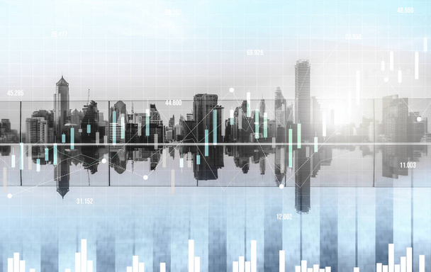 Концепция фондового рынка. Финансовые графики и цифровые индикаторы с модернистским городским пространством и небоскребами в качестве фона. Двойная экспозиция. - Фото, изображение