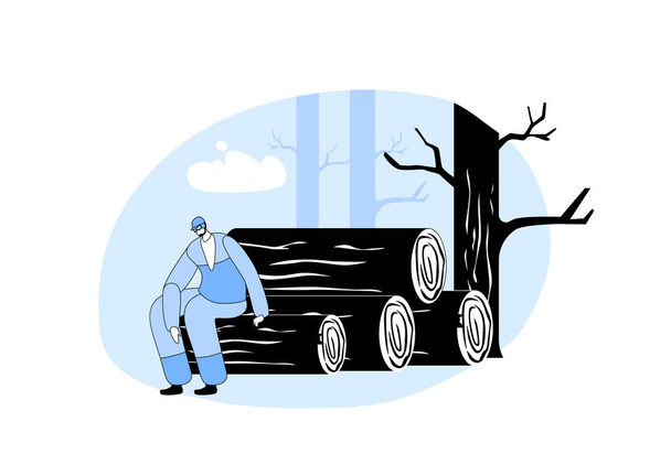 Woodcutter Having Break Sitting on Wooden Logs Pile in Forest with Trees. Wood Harvesting, Logging Forestry Industry, Deforestation Process with Worker wear Uniform. Cartoon Flat Vector Illustration - Vector, Image