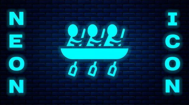 Glowing neon Canoe rowing team sports icon isolated on brick wall background. Three athletes with oars rowing in boat. Teamwork concept. Vector. - Vector, Image