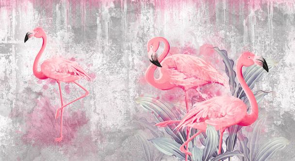 Pink flamingos. Watercolor painting background. Photos wallpaper - Photo, Image