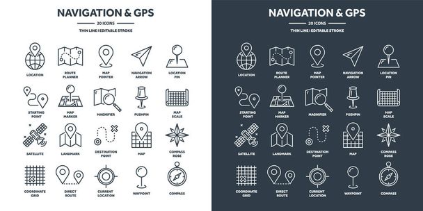 Navigation map and geolocation, GPS positioning. Coordinate grid quadrants, cardinal points, location finder. Travel route and waypoints planning. Thin line web icons set. Vector illustration. - Vetor, Imagem