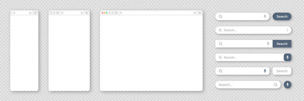 Blank internet browser window with various search bar templates. Web site engine with search box, address bar and text field. UI design, website interface elements. Vector illustration.  - Vector, imagen