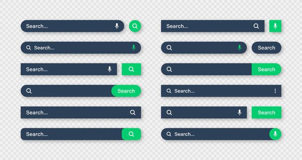 Various search bar templates, dark mode. Internet browser engine with search box, address bar and text field. UI design, website interface element with web icons and push button. Vector illustration. - Wektor, obraz