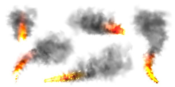 Black realistic smoke, dust clouds isolated on white background. Dirty polluted smog or fog. Air pollution, mist effect. Smoke from fire or explosion. Vector illustration. - Вектор,изображение