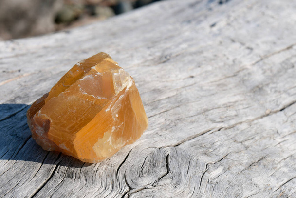 Een afbeelding van een enkel exemplaar van honing calciet kristal rustend op een verweerd stuk drijfhout.  - Foto, afbeelding