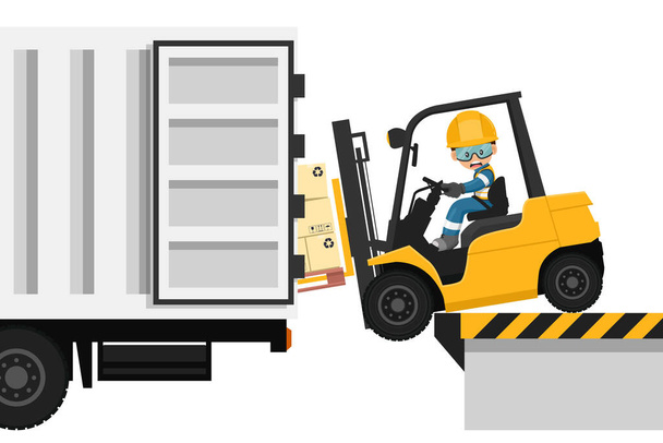 Overturning of forklift loading pallet of boxes to a cargo truck. Stay inside the cabin. Safety in handling a fork lift truck. Security First. Work accident. Industrial Safety and Occupational Health - Vector, Image