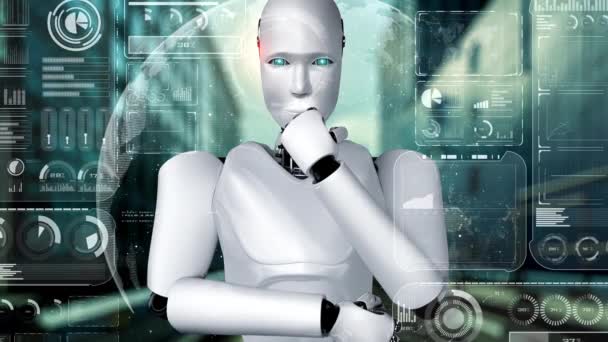 Robot hominoide de IA de pensamiento que analiza la pantalla del holograma que muestra el concepto analítico de big data usando inteligencia artificial por proceso de aprendizaje automático. Renderizado 3D. - Metraje, vídeo
