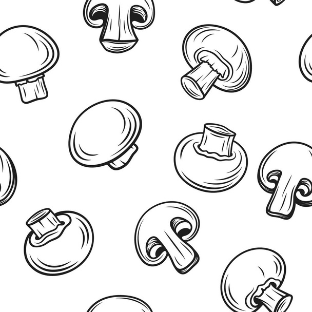 Vector Seamless Pattern with Hand Drawn Black and White Outline Drawing Champignon. Cartoon Champignon Mushrooms. Design Template for Textile, Wallpapers, Cards, Fabrics, Packaging, Wrapping. - Vector, Image