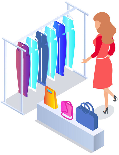 Choosing clothes in store, shopping concept. Female buyer chooses clothing in dressing room. Customer with dress hanging on hanger in mall. Woman shopper stands in fitting room of store or boutique - Vektor, Bild