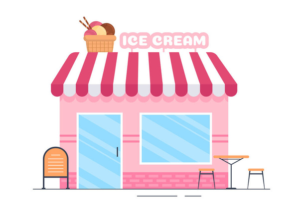 Plantilla de tienda de helados Dibujado a mano Ilustración plana de dibujos animados con delicioso postre y diseño de varios sabores - Vector, imagen
