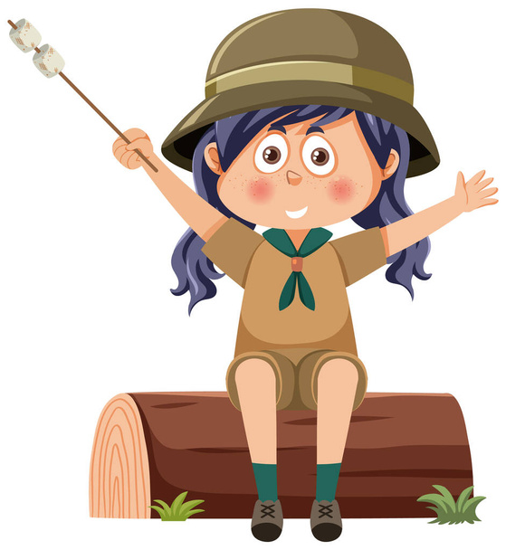 Schattig meisje scout cartoon karakter holding marshmallow illustratie - Vector, afbeelding