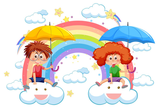 Crianças sentadas em nuvens com arco-íris no céu ilustração - Vetor, Imagem