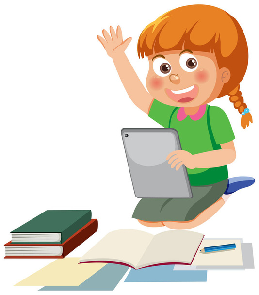 A girl using tablet for learning online illustration - Vektor, obrázek