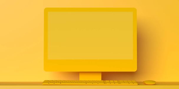 黄色のデスクトップコンピュータのリモートワークの背景。学校の3Dコンセプトに戻る:学校、大学、教育センターは、新しい通常の教育研究年のために再オープンします。Remote online e-leaning. - 写真・画像