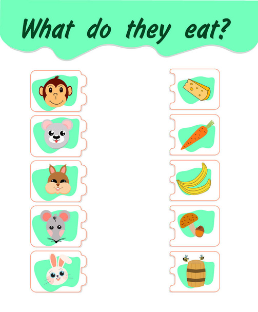 Συμπληρωματική εκπαίδευση. Παιδικό εκπαιδευτικό παιχνίδι "ποιος τρώει τι". Για παιδιά προσχολικής ηλικίας. Εμφάνιση με βέλη. Φύλλο δραστηριοτήτων. Εικονογράφηση διανύσματος - Διάνυσμα, εικόνα