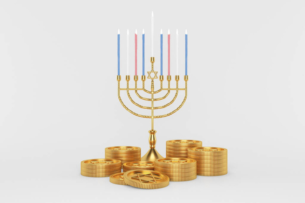 3d rendering Image of Jewish holiday Hanukkah with menorah or traditional Candelabra, and gold coin  on a  white background. - Fotó, kép