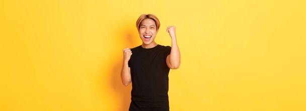 Portrait of triumphing confident asian man, fist pump and smiling happy, celebrating victory or achievement, standing yellow background. - Foto, immagini