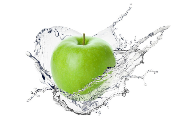 Fresh green apple and splash of water on white background - Фото, изображение