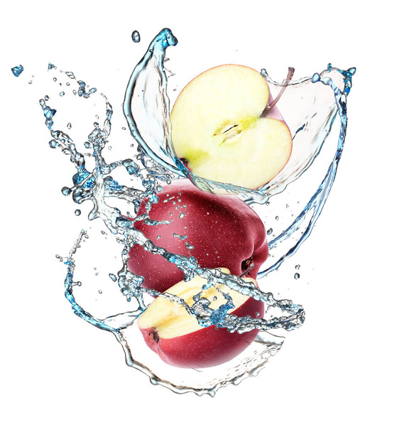Fresh red apples and splash of water on white background - Φωτογραφία, εικόνα