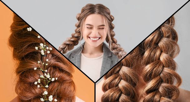 Коллаж с красивой молодой женщиной и плетеные волосы  - Фото, изображение