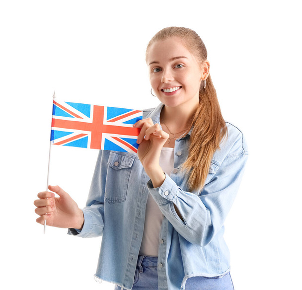 Young woman with UK flag on white background - Valokuva, kuva