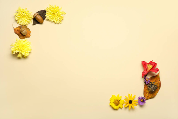 Осіння композиція з квітами на кольоровому фоні
 - Фото, зображення