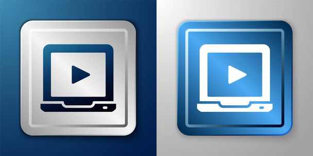 Біла ікона онлайн-ігор ізольована на синьому та сірому фоні. Ноутбук і плівкова смуга з ігровим знаком. Срібна і синя квадратна кнопка. Вектор. - Вектор, зображення