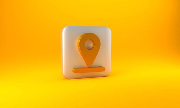 Gold Map pin icon isolated on yellow background. Navigation, pointer, location, map, gps, direction, place concept. Silver square button. 3D render illustration. - Foto, Imagem
