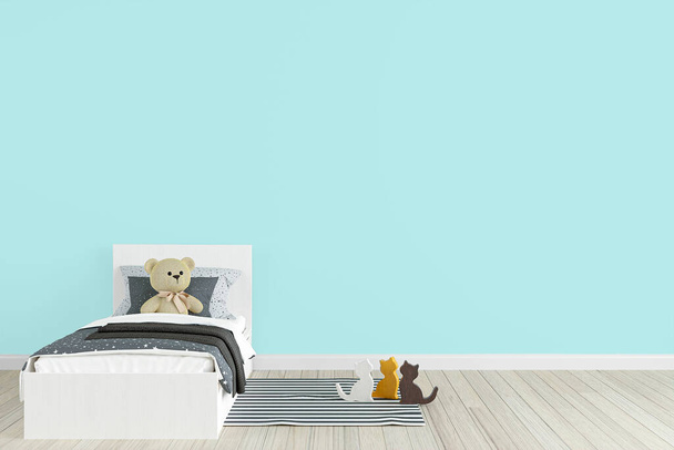 子供の寝室の壁のモックアップ、カスタマイズ可能な背景と3Dレンダリングイラスト. - 写真・画像