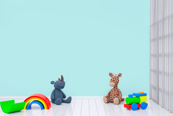 Kids speelkamer muur mockup, 3d weergegeven illustratie met aanpasbare achtergrond. - Foto, afbeelding