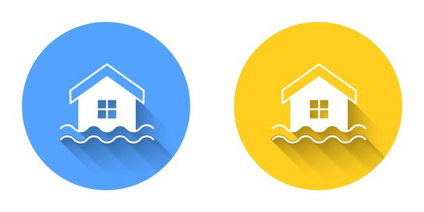 White House flood icon isolated with long shadow background. Home flooding under water. Insurance concept. Security, safety, protection, protect concept. Circle button. Vector. - Vecteur, image