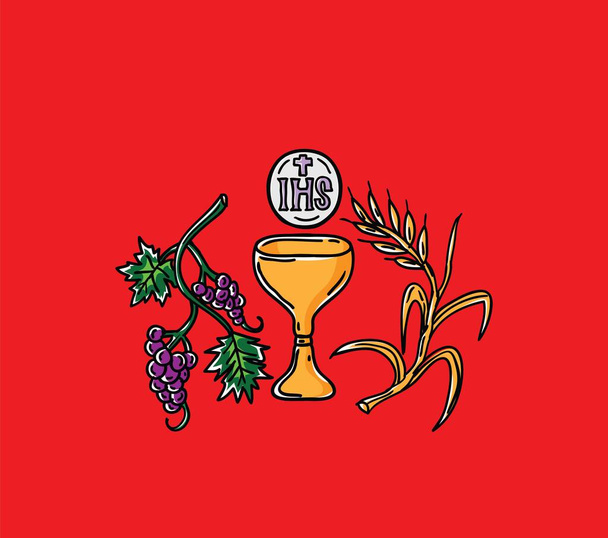IHS con tazza, uva e simbolo di grano, illustrazione arte vettoriale design - Vettoriali, immagini
