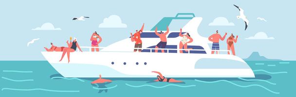 Summertime Vacation Cruise. Young People Relaxing on Luxury Yacht at Ocean. Happy Male and Female Characters Rest on Ship in Sea, Drinking, Dance and Take Sun Bathing. Cartoon Vector Illustration - Vector, Image