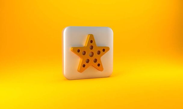 Gold Starfish icon isolated on yellow background. Silver square button. 3D render illustration. - Фото, зображення