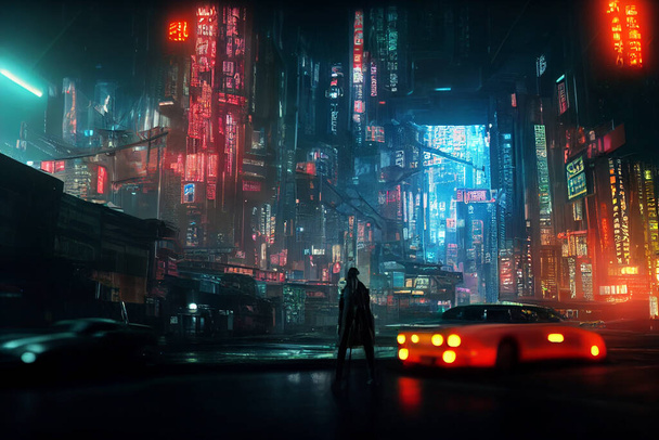 Concept εικαστική απεικόνιση του αστικού τοπίου της ασιατικής cyberpunk πόλης τη νύχτα - Φωτογραφία, εικόνα