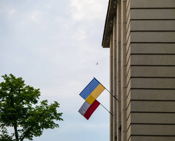 Ukraine flag and Poland flag on the facade of building on a background of sky. Lublin town, Poland - Photo, Image
