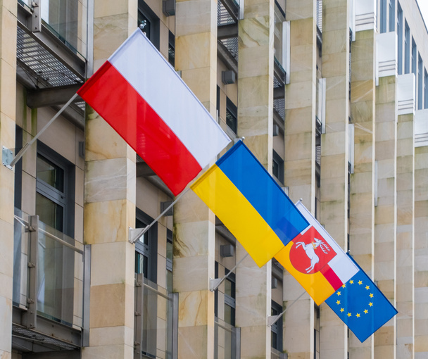 Le bandiere della Polonia, dell'Ucraina, del voivodato di Lublino e dell'Unione europea sullo sfondo della costruzione di uffici. E 'un simbolo di opposizione all'aggressione russa, un segno di solidarietà e aiutare l'Ucraina - Foto, immagini