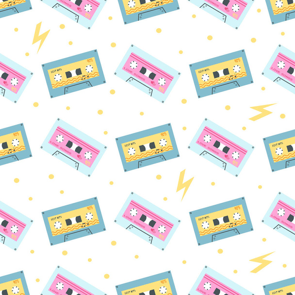 Seamless pattern with cassete tapes in 1990s style. Vector illustration of audio mixtape, groovy print, nostalgia 1990 for wrapping paper, wallpaper, fabric design. - Vector, Image