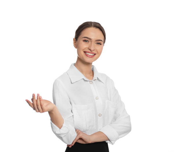 Portrait of hostess in uniform on white background - Foto, Imagen