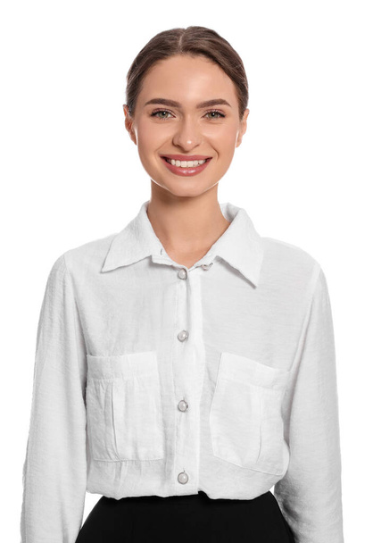 Portrait of hostess in uniform on white background - Zdjęcie, obraz