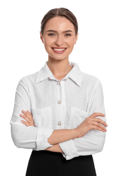 Portrait of hostess in uniform on white background - Фото, зображення