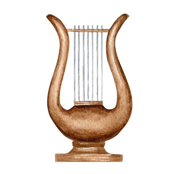 Drewniany zabytkowy Lyre, średniowieczna harfa akwarela ilustracja izolowana na białym tle. Klasyczny instrument muzyczny smyczkowy. - Zdjęcie, obraz