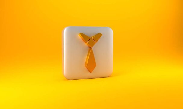Gold Tie icon isolated on yellow background. Necktie and neckcloth symbol. Silver square button. 3D render illustration. - Фото, изображение
