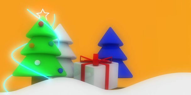 3d ilustración de árboles de Navidad. Elementos vacacionales aislados sobre fondo verde. - Foto, imagen